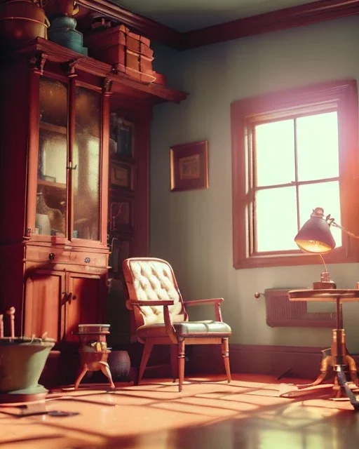 Room scene with big hair monster, Wes Anderson style, realistic photo, concept art, smooth, unreal engine 5, god lights, ray tracing, RTX, lumen lighting, ultra detail, volumetric lighting, 3d.