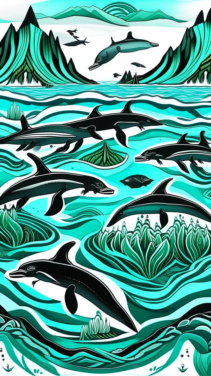 A turquoise glacial ocean with orcas designed in Navajo baskets