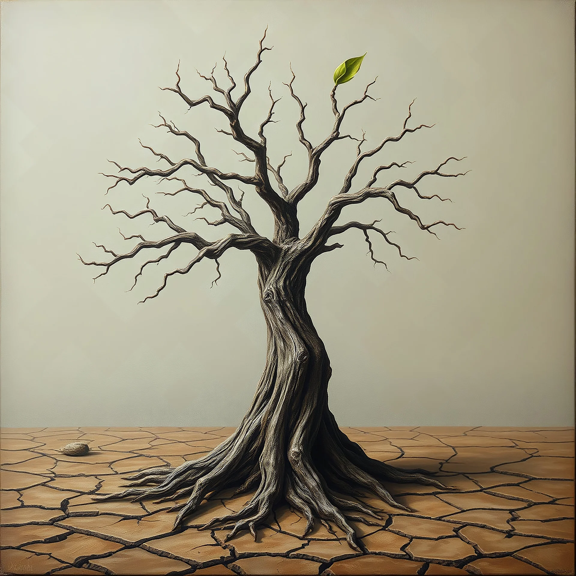 minimal Painting. Rock music cover Art. A dried oak tree, like a human profile. Dry and cracked ground. Surreal. A dried oak tree, which has sprouted a green bud