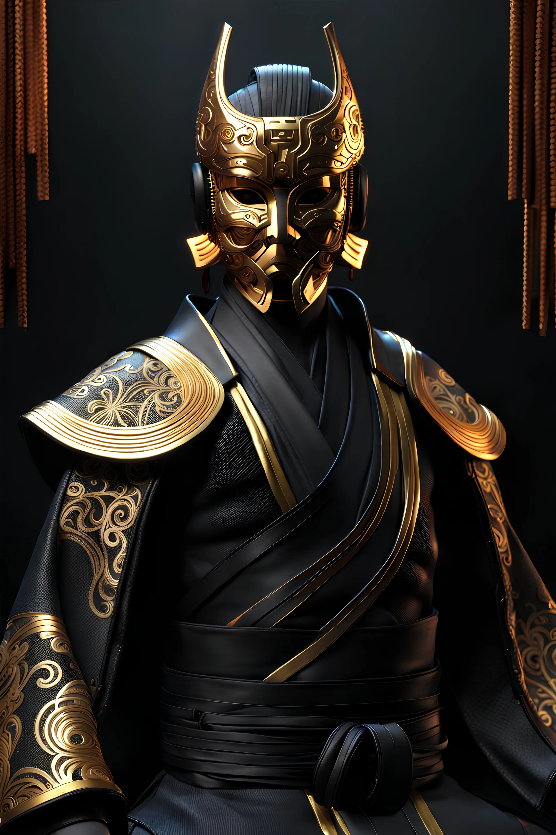 octane render of cyberpunk Harrison ford with a samurai mask on, by Tsutomu nihei, chrome silk with intricate ornate weaved golden filiegree, dark mysterious background