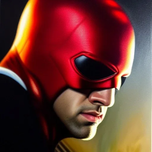 ultra detailed fullbody Portrait on oil in canvas of Daredevil, extremely detailed digital painting, extremely detailed face,crystal clear Big Glowing eyes, mystical colors ,perfectly centered image, perfect composition,rim light, beautiful lighting, 8k, stunning scene,extremely sharp detail, finely tuned detail, ultra high definition raytracing, in the style of Simon Bisley and Ishimura.