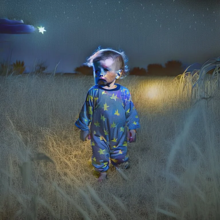 toddler wearing pyjamas in a field at night