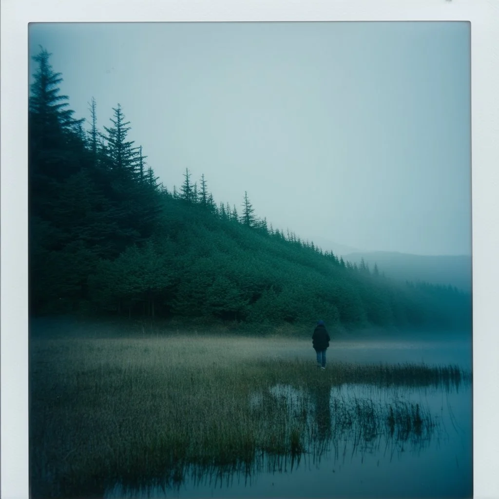 A polaroid photo of a group of fir trees in the background and a high hill in the distance. A person. A lake. The surface below is in a pastel color. Fog is present.