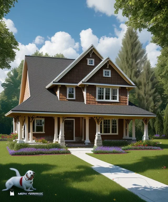 Cartoon dog looking at a small house|mdjrny-v4 style| wide angle| intricate detailed| hyperrealistic| cinematic lighting| cinematic colors|hdr | unreal engine