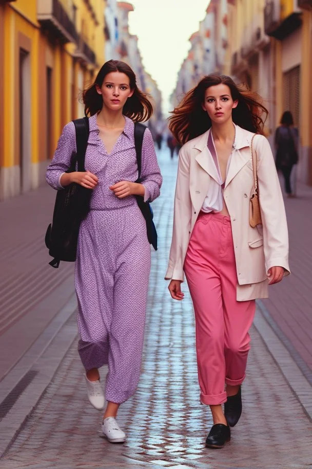 mujeres caminando por una céntrica calle de una ciudad española, visten ropa de segunda mano, es la moda y es tendencia, fotografía real, de cara a la cámara