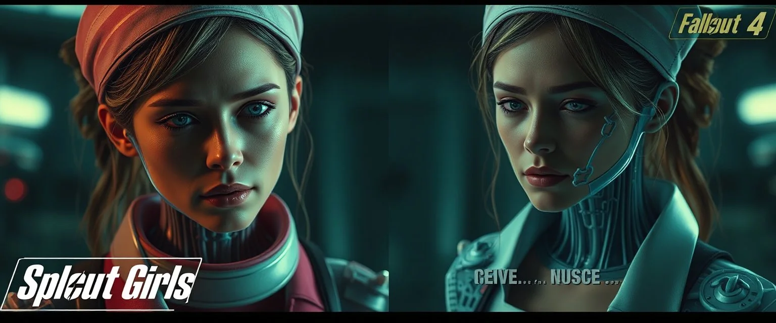 cyberpunk fallout 4, high-end advertisement image for a fictional service called “Splice Girls Nurses, Rebuilding Bone Structure on Transparent People™”. Split-screen composition with two contrasting emotional states.