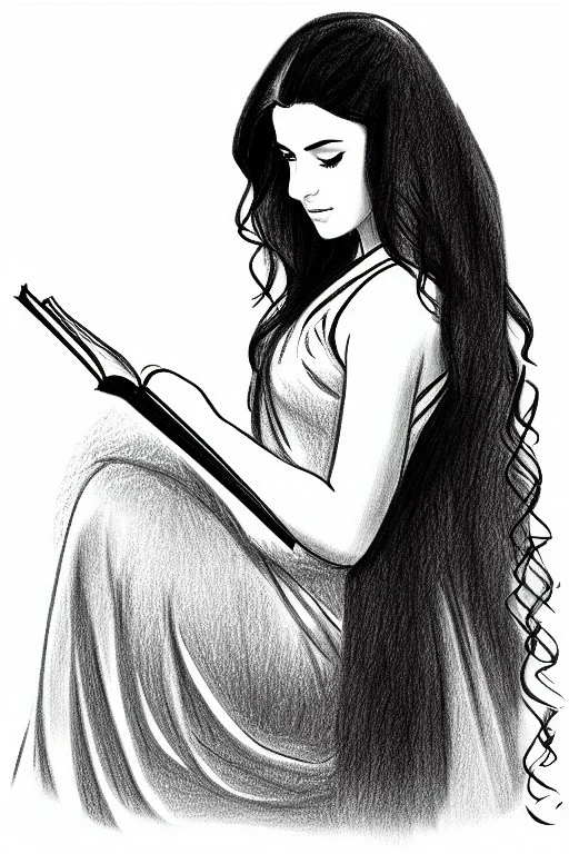 Pencil sketch of Young woman, Arab features,sad, long wavy hair, reading a book, full body، on lined paper