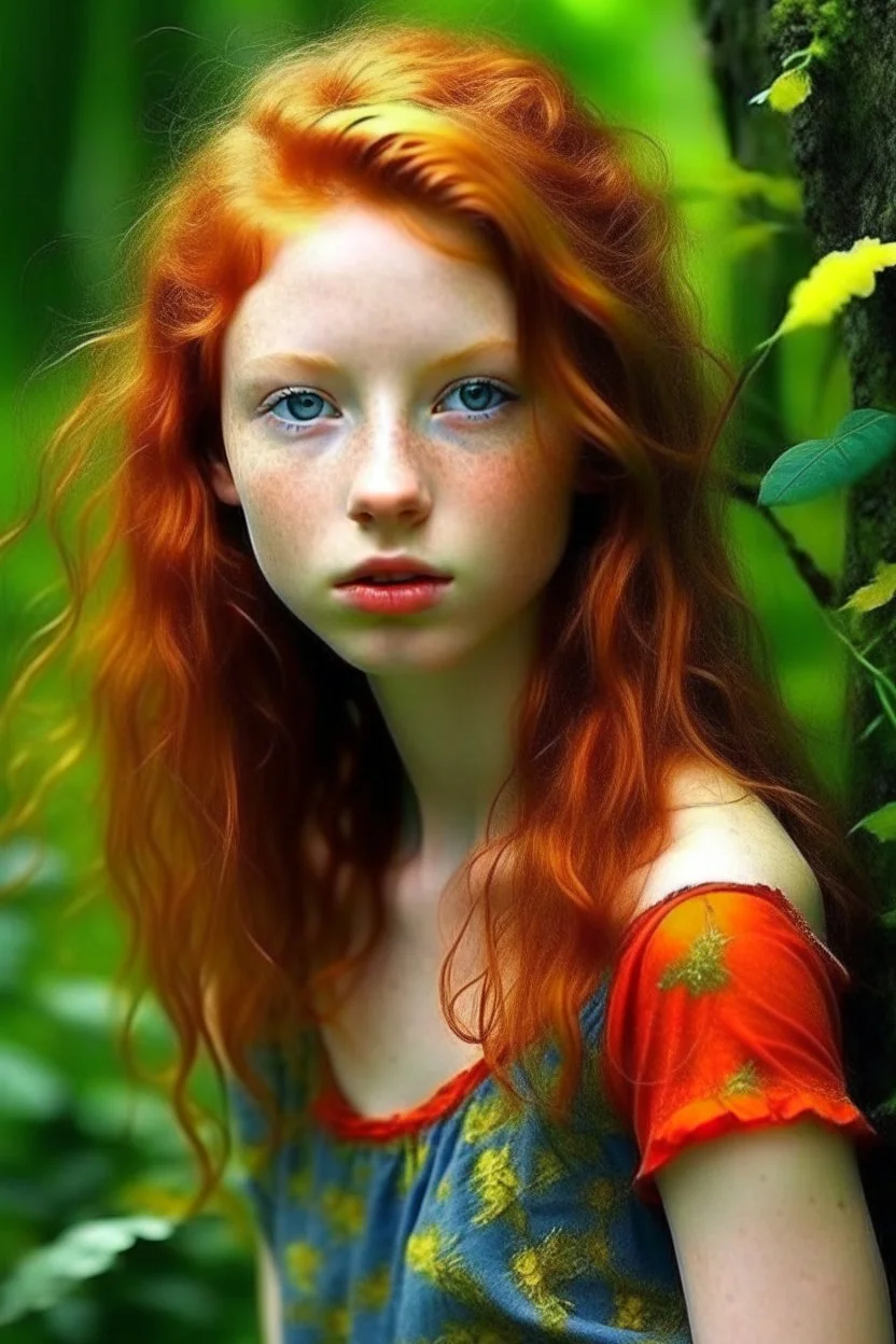 pretty girl, aged 13, ginger, conventionally attractive, realism, dreamy, tight top, bright clothes, full length, faun, satyr