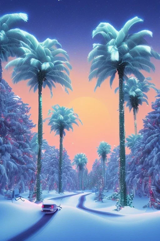 1980's vaporwave aesthetic palm trees in Christmas winter