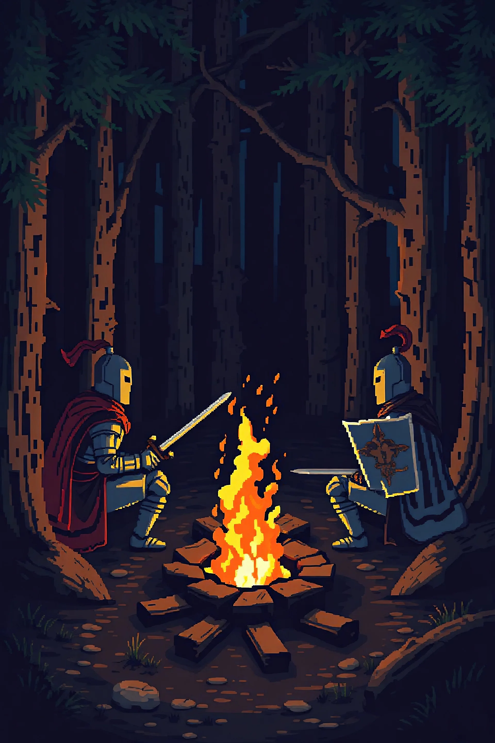 Three knights sitting around a crackling camp fire in a dark and thick forest. pixel art