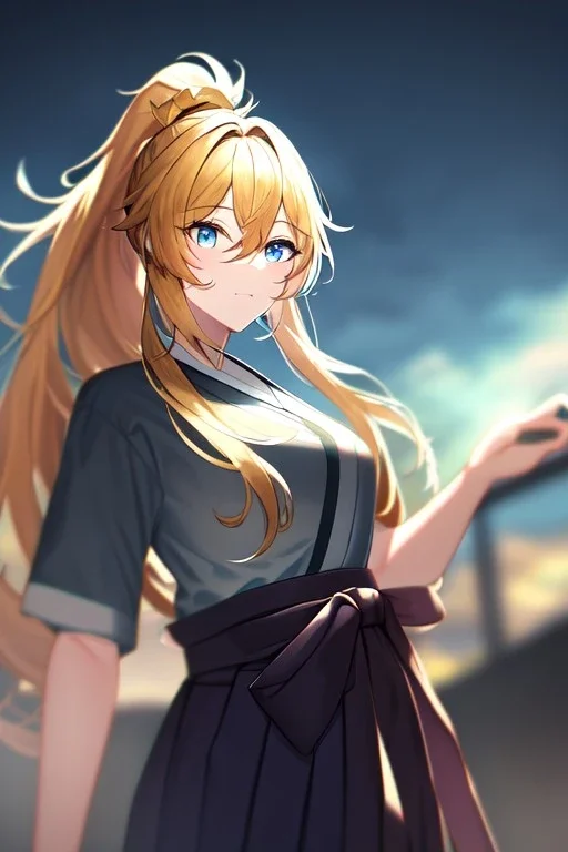 girl, masterpiece, best quality, cinematic lighting, detailed outfit, vibrant colors, perfect eyes, blue eyes, long hair, golden hair, messy hair, hair between eyes, depth of field, ray tracing, ponytail, hakama,