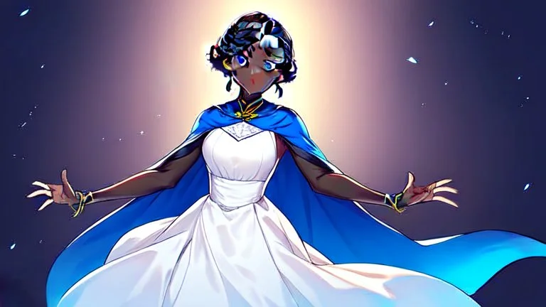 She's diminutive, with brown skin, short black dreadlocks hair. She has indigo blue eyes. She wore a long blue cape over a white dress.