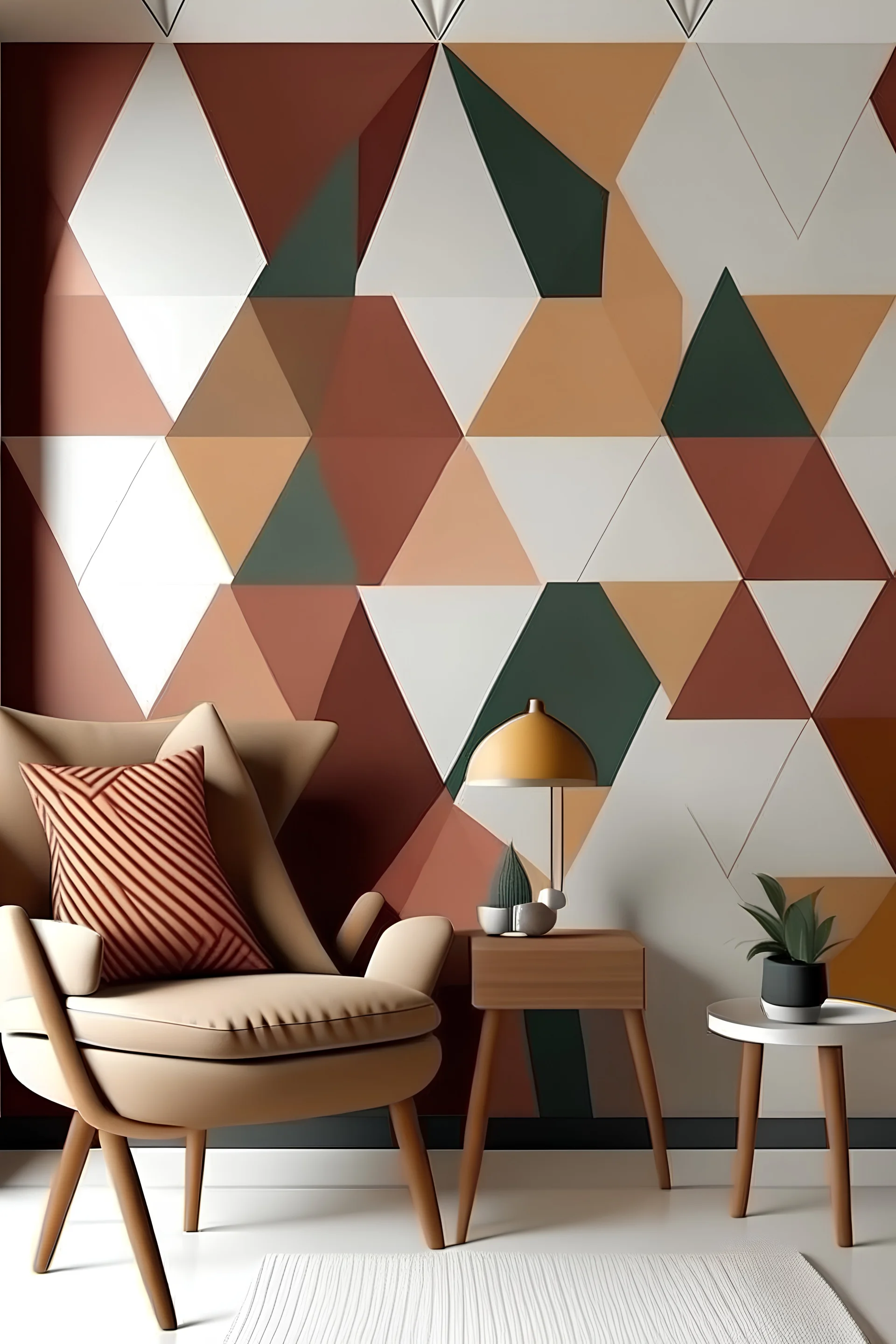 Create handpainted geometric wall mural with interlocking triangles, creating a harmonious composition using warm and grounding colors."
