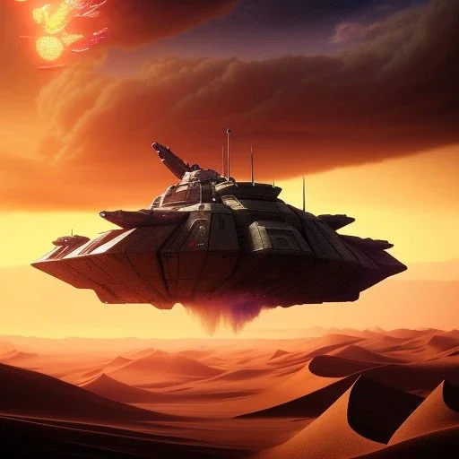 volumetric dramatic desert Battle scene with futuristic hovering military armored Hovercraft painted by chris foss, floating, 4k, 8k, Minutiae, highly detailed, With laser Turret, pennant, hovering, stripes, sunset, duststorm, nimbus clouds, tornado]