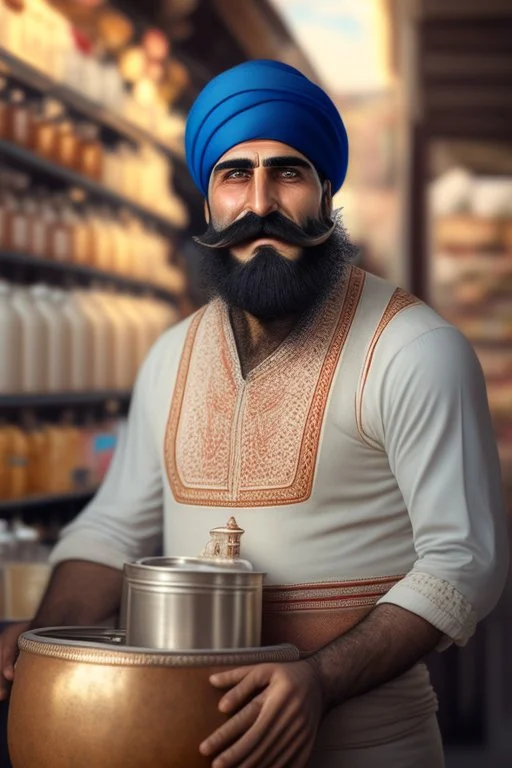 Turkish milk seller with a big mustache and soft beard wearing a turban in 1900 Ultra-wide angle Highly realistic precise details Detailed panoramic view Detailed distance Professional Quality 4K