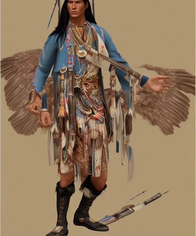 chaman, native american warrior, mature, long black hair, big muscles, black fabric coat like wings