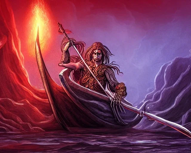 sango fantasy, fantasy magic, intricate, sharp focus, illustration, highly detailed, digital painting, concept art, matte, Greek mythology Charon ferryman, skeleton in full length cape, in boat on river styx, sharp jagged rocks, red purple blue colours, red hot lava river