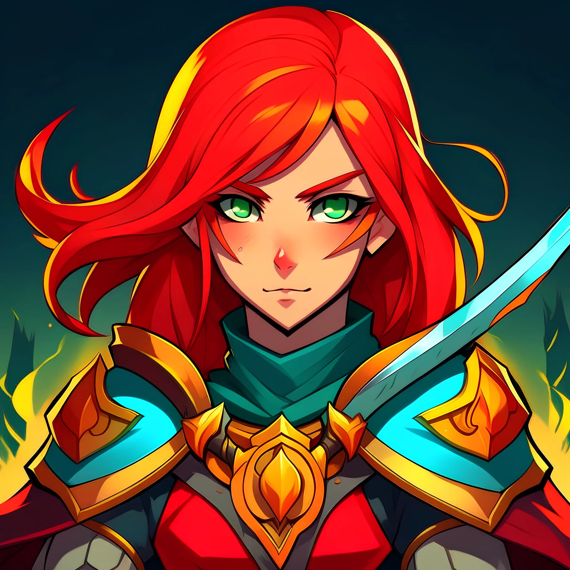 Lina from Dota 2 in anime style with shining eyes and a katana