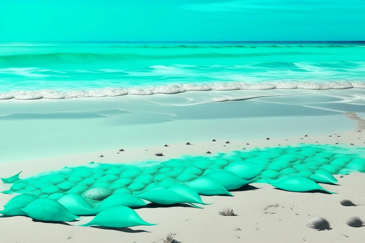 A turquoise beach with seashells painted by Andy Warhol