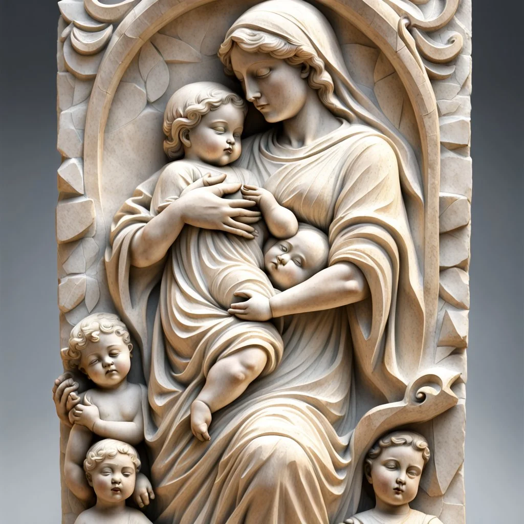 arafed statue of a woman holding a child in her arms, stone carving, low - relief stone sculpture, sculpture of carving marble, religious sculpture, carved in marble, carved in stone, stone relief, with infant jesus, relief sculpture, carved stone, 3 d sculpture of carving marble, stone sculpture, bas relief, mother, highly detailed sculpture