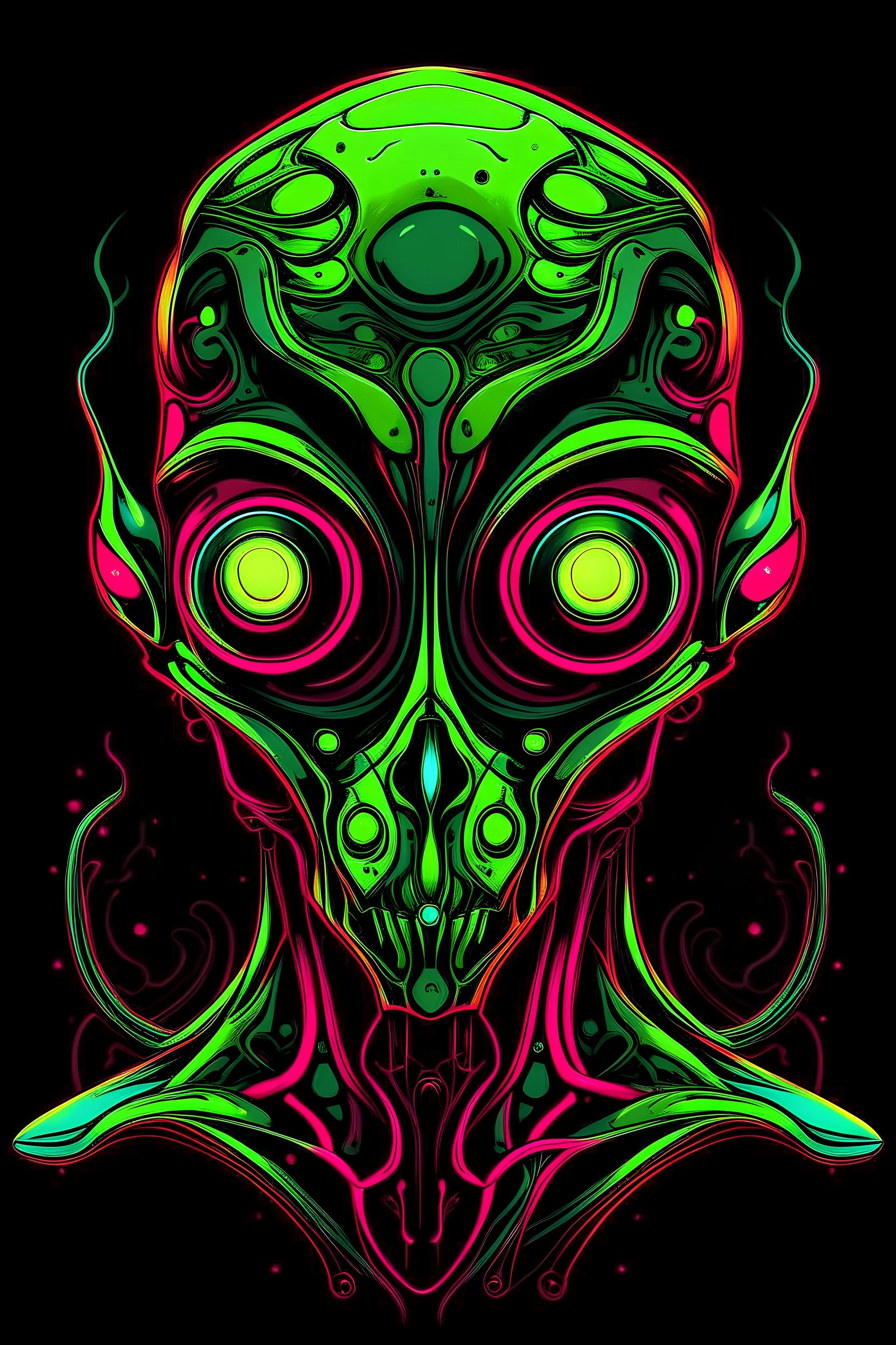 Vibrant Vector Art, Front View, alien robot, green and pink lava veins, stylized, half body, half skin, black background, 100 eyes, wide face,