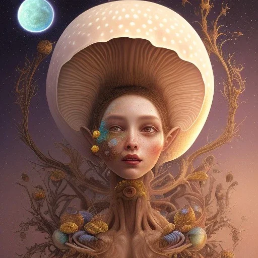 Beautiful rococo mushroom fairy, detailed eyes, realistic features, hq, fungi, celestial, moon, galaxy, stars, by Salvador Dalí, giger, Hieronymus Bosch, victo ngai, fungi, celestial, Ryan Hewett