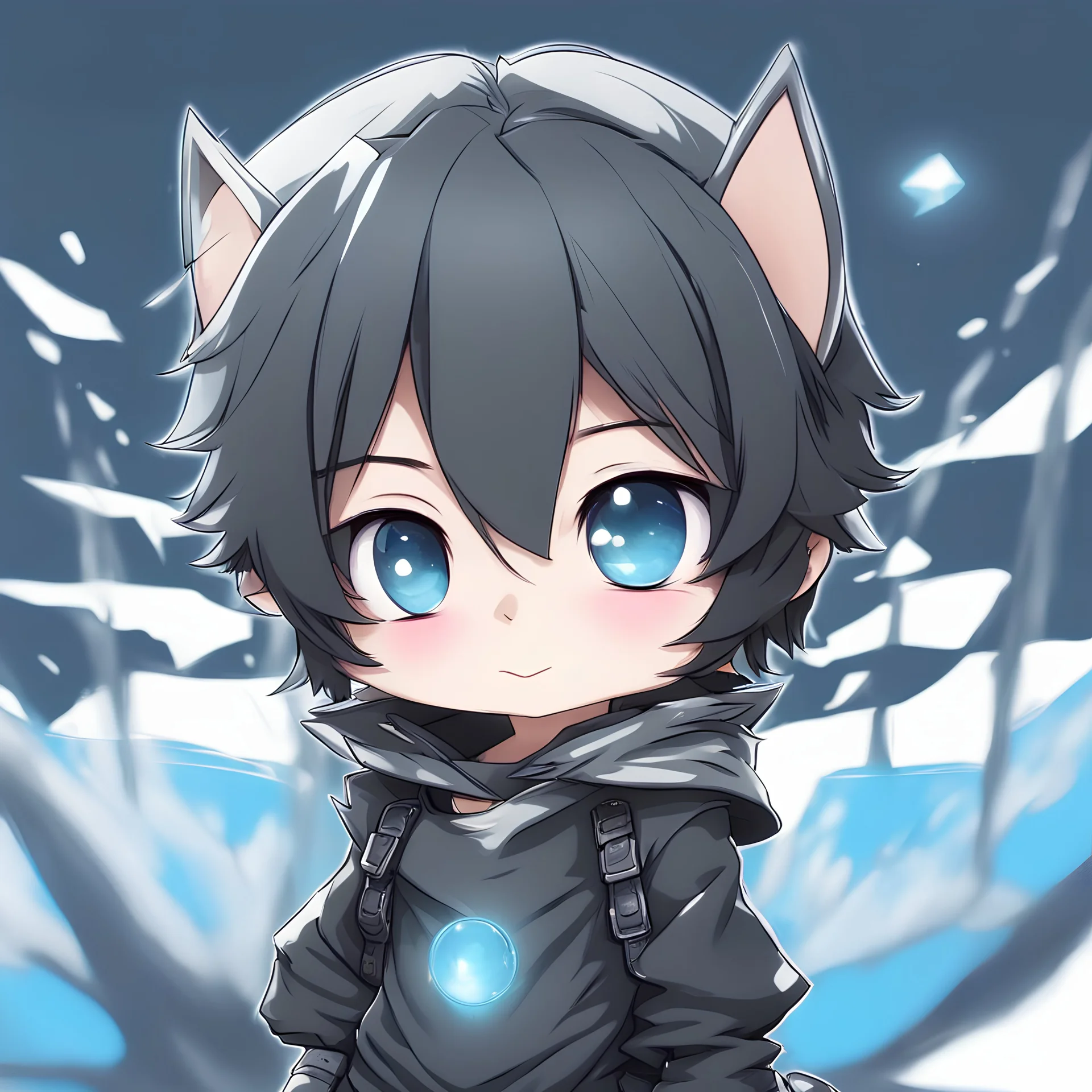 Clear focus,High resolution, Black short fluffy hair, and blue eyes, Chibi, Head only