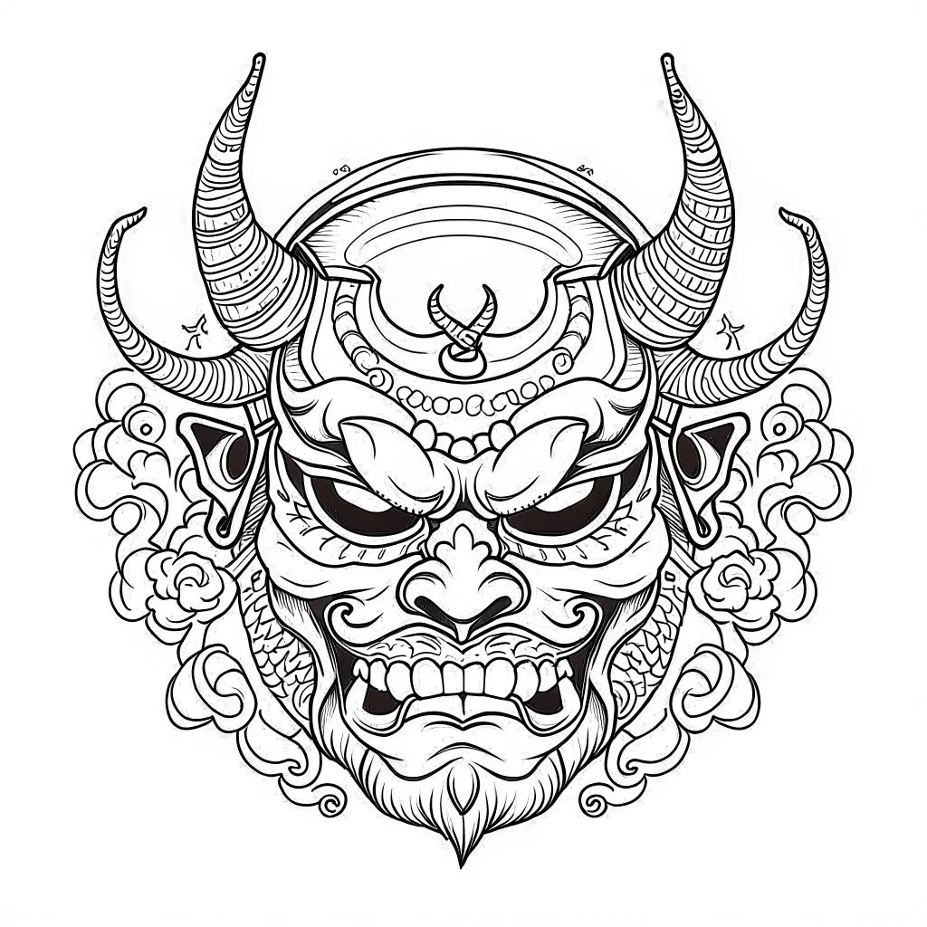 White, minimalis line art , oni mask japanes scarry, vector, white background, outline, with images neatly contained within the background, just black and white color,