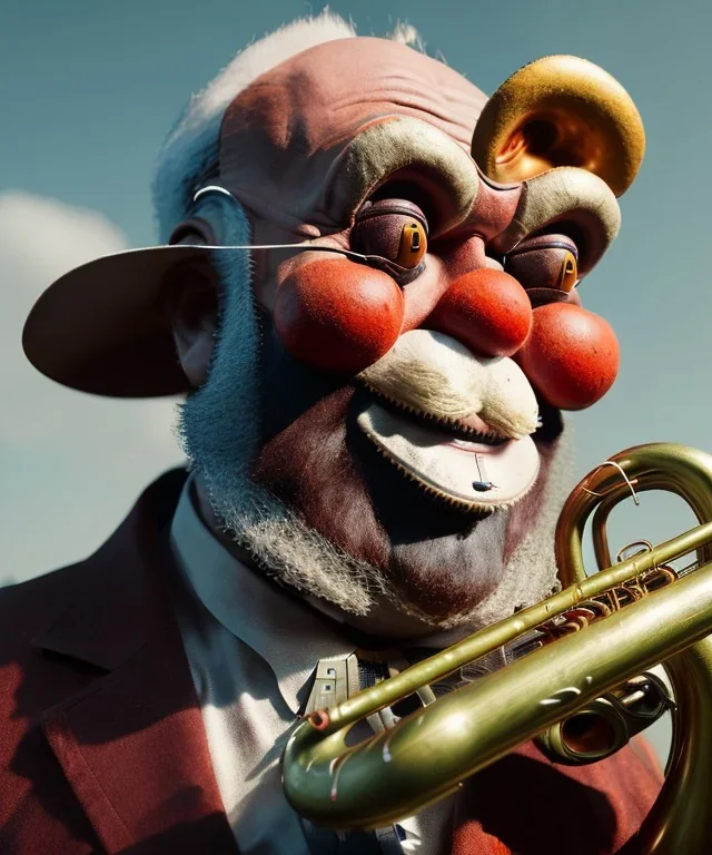 mechanoid old friendly fat clown with trimmed beard playing jazz with a steampunk theme, trumpet, realistic