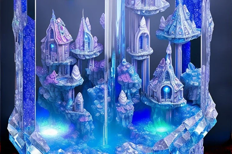  Crystal Dwellings blue, fontaine blue lumières bleu,lac,cascade,aurore boreale rose bleu