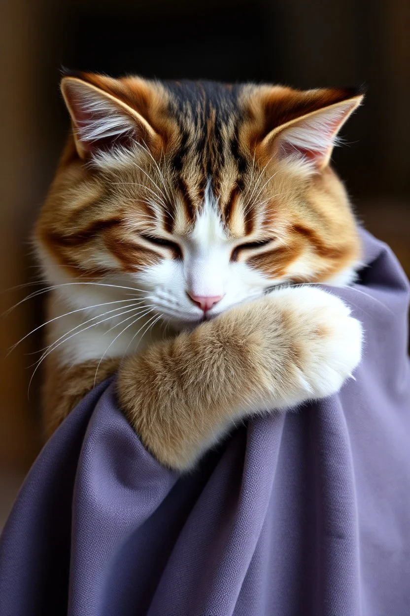 Sad cat hugging a piece of cloth