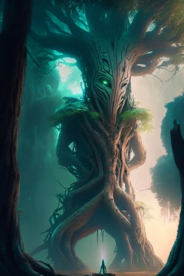 An ent from middle earth in futuristic scene with tree