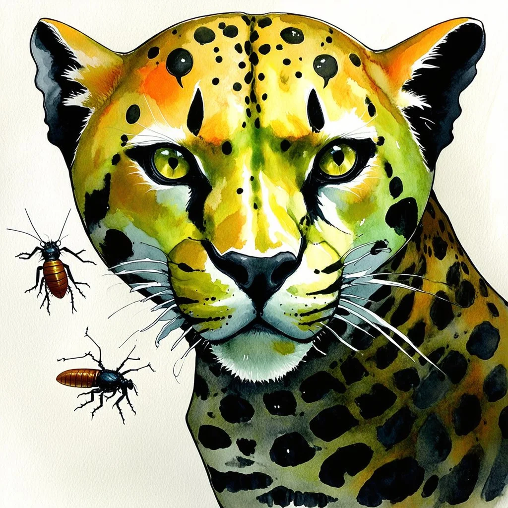 Asymmetric and offset, full color watercolor illustration, unsettling undead cheetah and cockroach hybrid, by Dave McKean and Victor Pasmore and Jeff Soto, occult transience treachery bizarre creature by Jason Limon, violent colors, liminal oncology