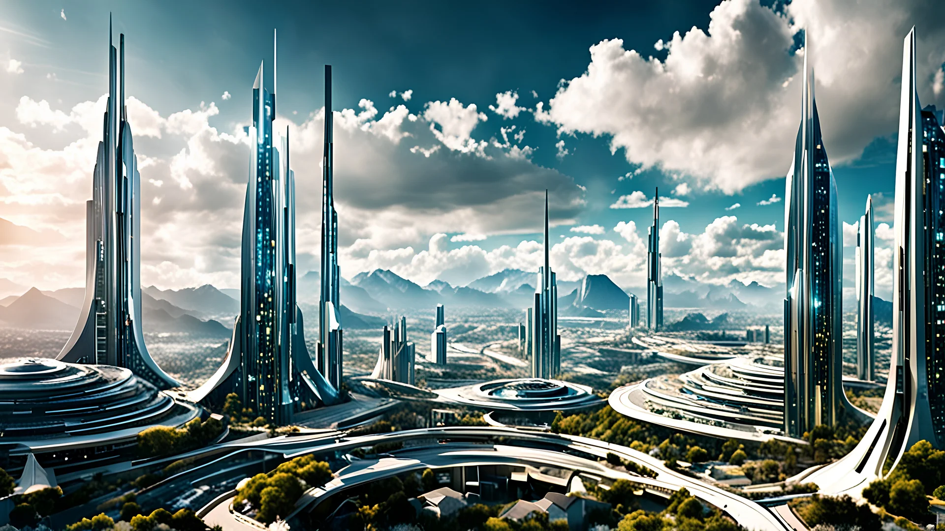 2034. Sci-fi fantasy: high-quality, futuristic photograph, a cityscape in the year 2050, with advanced technology seamlessly integrated into the architecture and lifestyle of the inhabitants, award-winning photograph, abstract image, beautiful composition, science-fiction, mountains, clouds, clear atmosphere, crisp focus, 35mm lens, adjust perspective