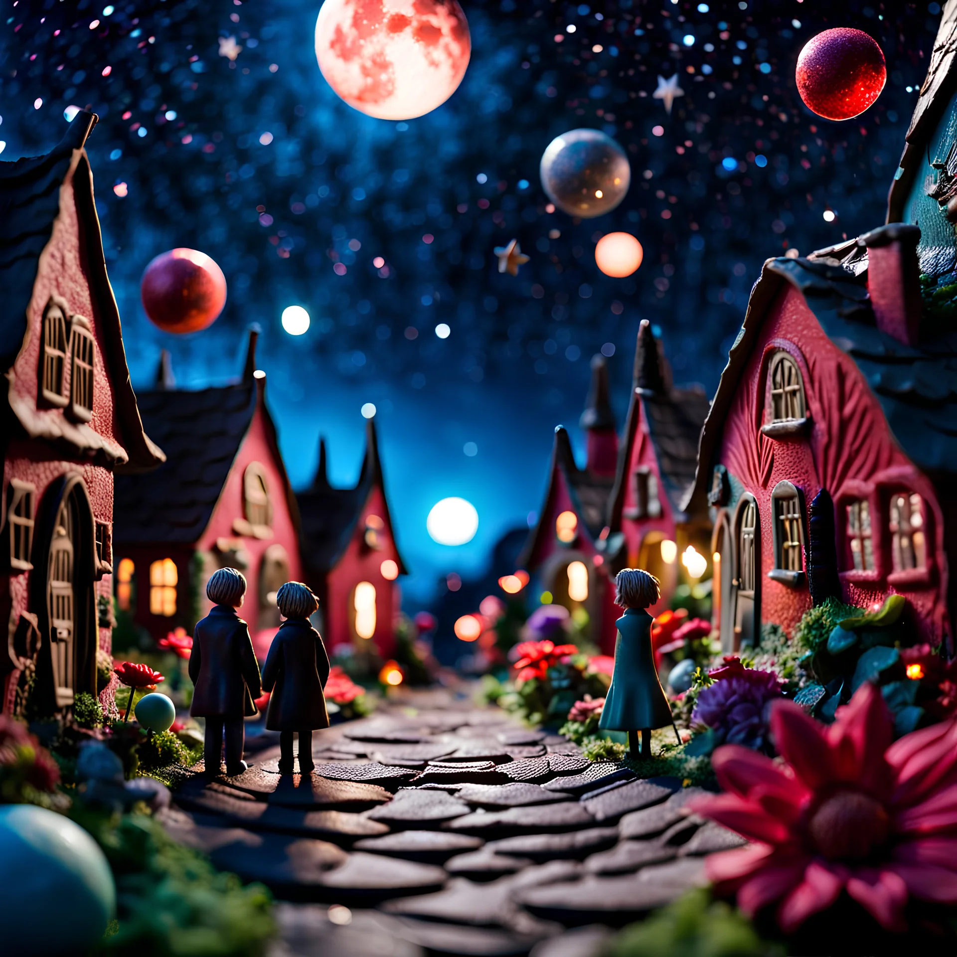 Detailed people, creepy street made of modeling clay, naïve, village, stars and planets, splimapys, sun, splops, volumetric light, giant flowers, naïve, Tim Burton, strong texture, st, orero dream, extreme detail, Max Ernst, decal, rich moody colors, sparkles, Harry Potter, bokeh, odd, sbuc