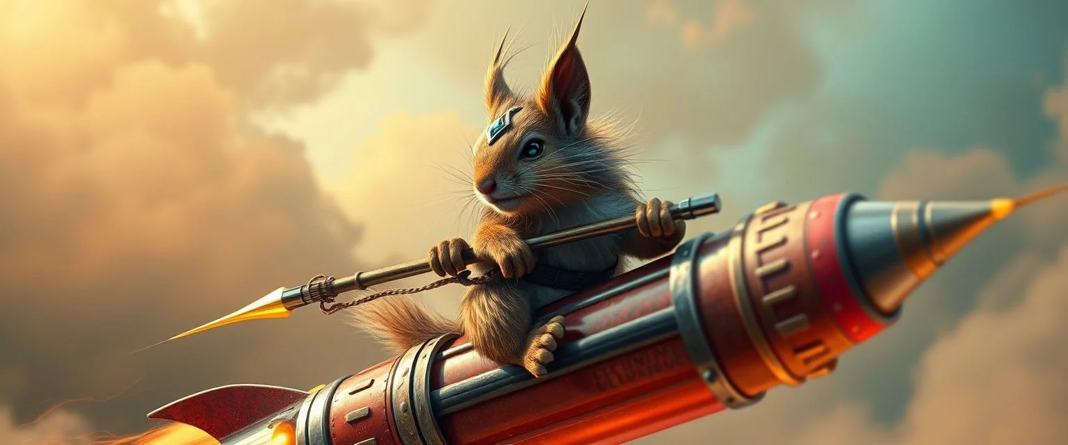 hairy macho gremlin viking squirrel living in a hi tech marvellous hot dog art graphics and gems on rocket with a mounted sling shot mega harpoon, heading for venus , background motion blur and smoke swirls