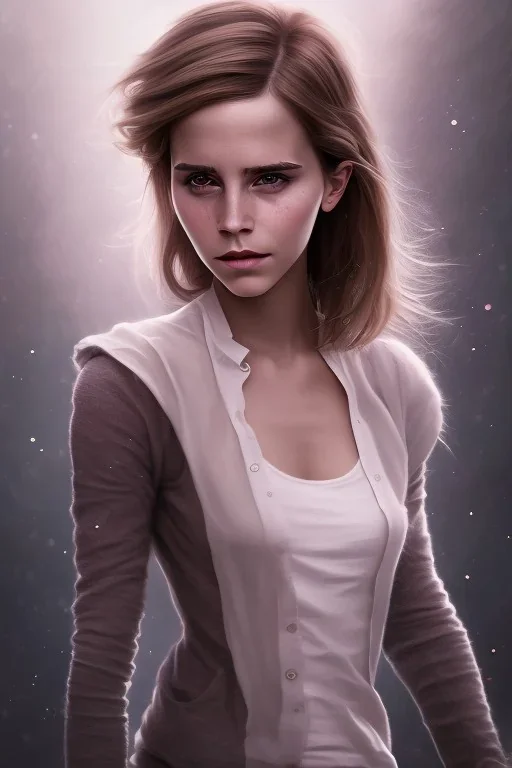 full body, emma watson identify face, skinny clothing , big busty , dirty face, pintura, ,details,texture,8k quality, florest, Minimalism, Romanticism, Expressionism, Impressionism