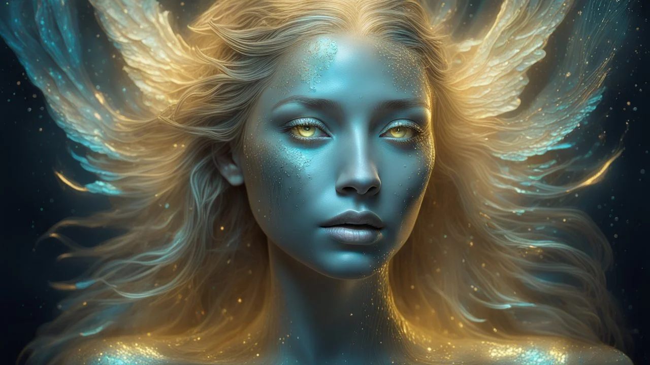 embossed, The photograph is done in a bioluminescent art style depicting a divine woman, bird, embossed, bird, Bioluminescent wet translucent glowing skin, ethereal glowing eyes, long neck, bird, perfect face in ultra-realistic details, gold, flowing hair, The composition imitates a cinematic film with dazzling, golden and silver lighting effects. Intricate details, sharp focus, crystal clear skin create high detail. 3d, 64k, high resolution, high detail, computer graphics, hyperrealism, f/16, 1