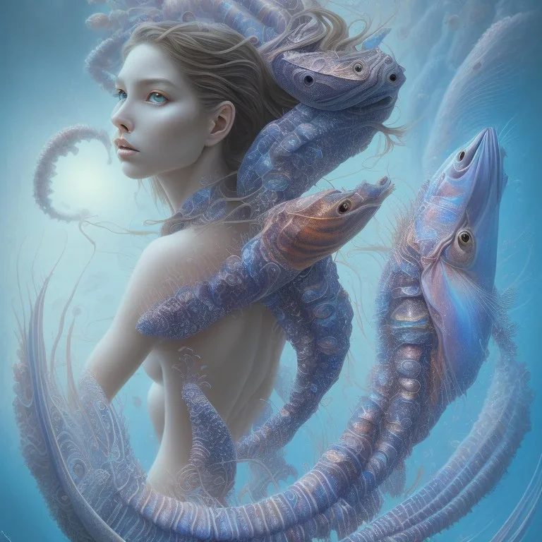 sango fantasy, fantasy magic, intricate, sharp focus, illustration, highly detailed, digital painting, concept art, matte, artgerm and paul lewin and kehinde wiley, masterpiece sexy lips Hawaiian lady body mermaid lionfish head blue space lady beach sea under water mermaid seaweed