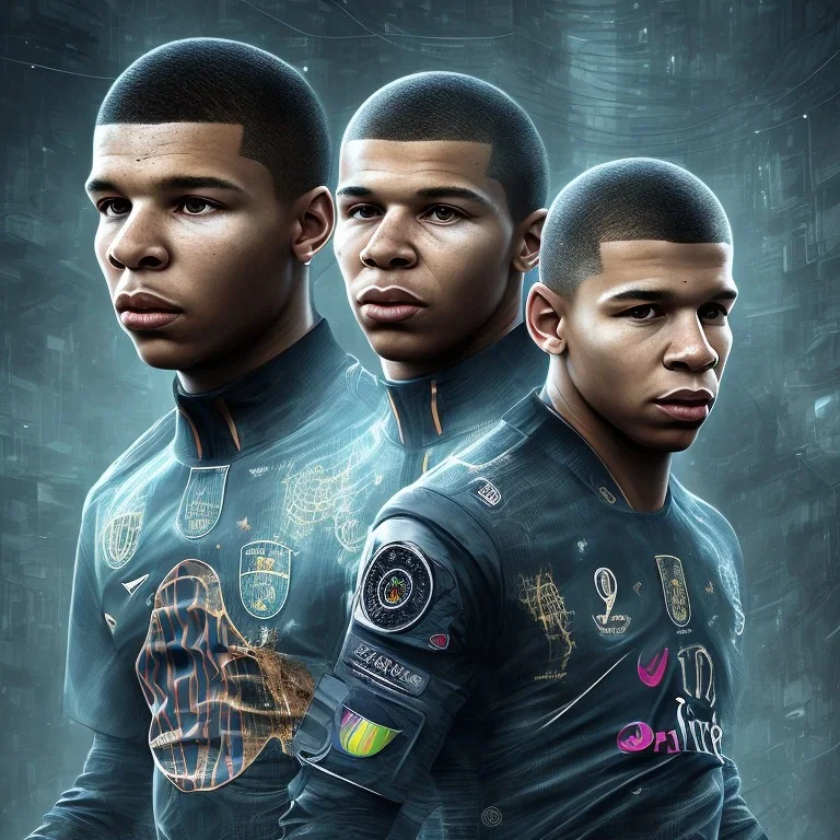 lionel messi and kylian mbappe perfect face and portrait post-apocalypse perfect cyborgs in a cyberpunk city, sci-fi fantasy style, 8k,dark