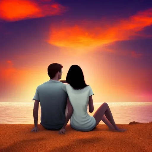 2 lovers watching the sunset sitting in the sand on a sand island