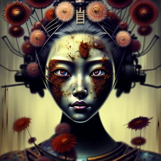 an abstract painting of rusted metal and flowers, Geisha portrait, rust, scaffolding, iron cladding, decay, mixed media, textured, anatomically correct, beautiful perfect face, sharp focus, highly detailed