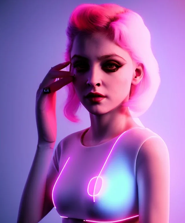 Artist, young madonna, android woman, sweet, blonde, white skin, long eyeliner, contour make-up, color leds lights, short hair, circuits, cyberpunk, latex coat, feather, cyber punk, neon, bamboo, blood, portrait, studio photo, unreal engine 5, soft color, 16 bit, god lights, ray tracing, RTX, lumen lighting, ultra deatail, volumetric lighting, 3d, finely drawn, hd.