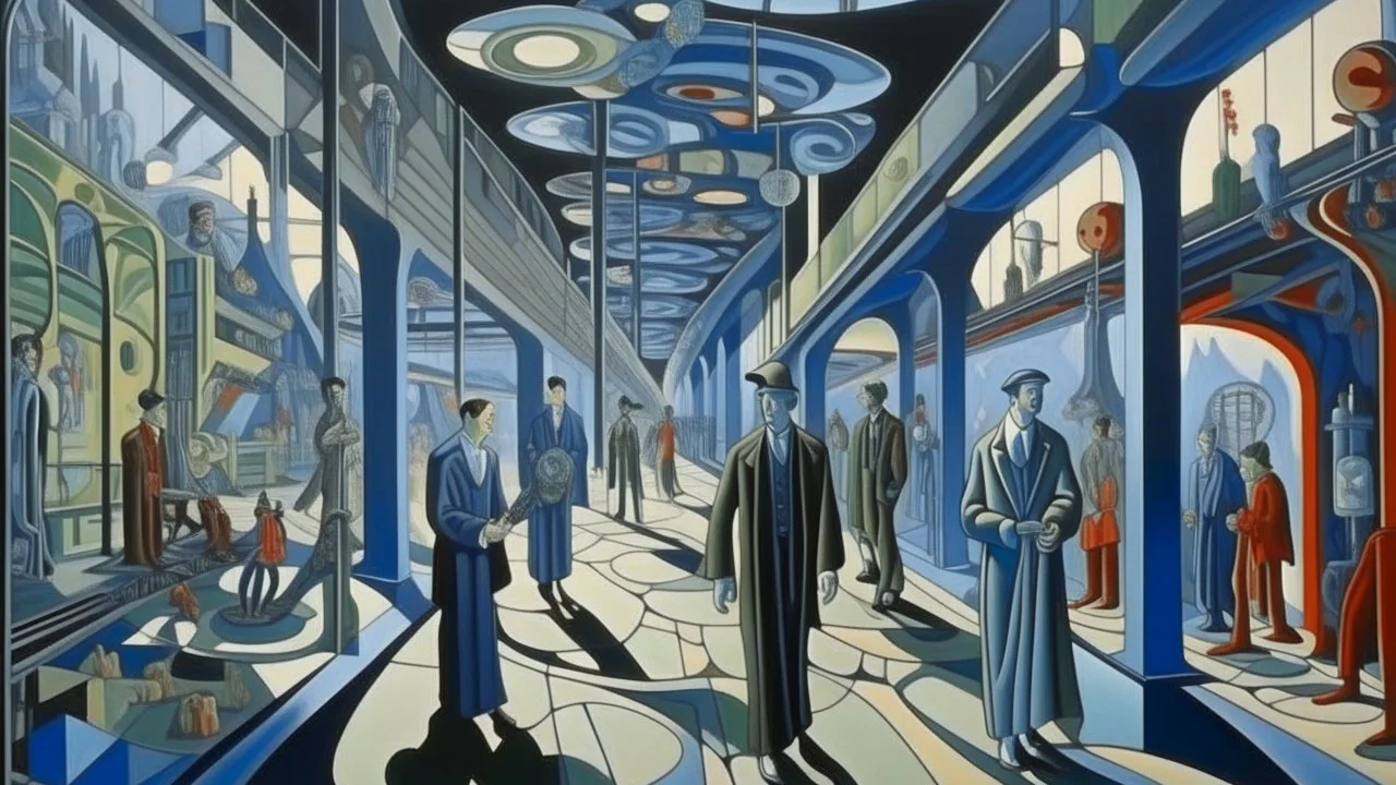 An oil painting by Kuniyoshi and Picasso of tech-people walking inside a futuristic matrix world.