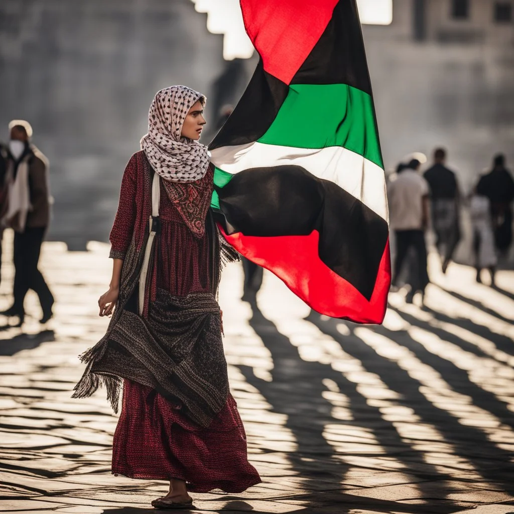 A very beautiful girl carrying a large Palestinian flag in her hands and waving it while wearing a keffiyeh and an embroidered Palestinian dress.