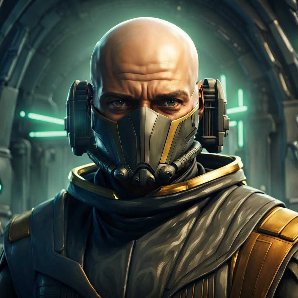 star wars bald male corellian pilot wearing pearlescent black and gunmetal grey First Order special forces heavy assault armor and helmet with gold trim inside the jedi temple, centered portrait, hyperdetailed, dynamic lighting, hyperdetailed background, 8k resolution, volumetric lighting, light skin, fully symmetric details