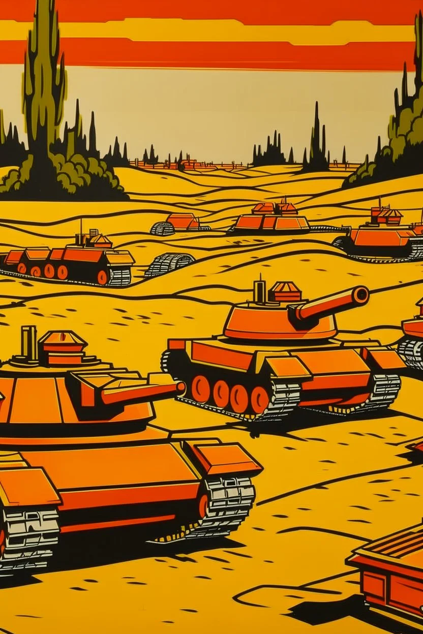 An orange colored battlefield with tanks painted by Roy Lichtenstein