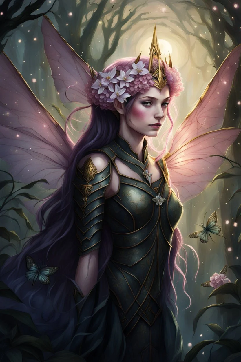 Pink,Hydrangea,orchids,lilies of the valley,night,pink hair,rapunzel hair,elven crown,dragonflies,pointed ears,elven ears,dark fairy princess,sparkle,,dark gold armour,fairy wings,pink