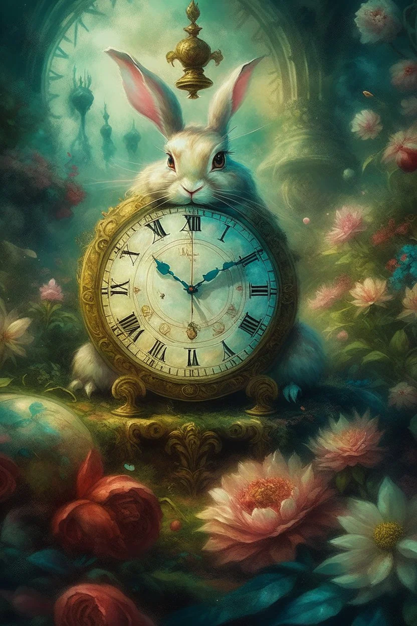 The fairy tale "Alice in Wonderland", a rabbit with a clock hurries among the bushes of vintage roses Oil on silk, work of art, hyperdetalization, professionally, filigree, misty haze,surrealism, transparent, delicate pastel tones, backlight, grunge style, three-dimensional watercolor, aesthetically pleasing, beautiful, realistic, high resolution, high detail, ISO 100 photosensitivity and aperture f/2.8, 1/250 with a 30 mm lens, 32 KB