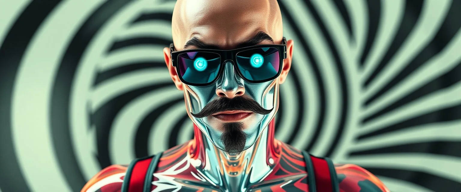 cyber jobe, lawn mover man movie character, portrait of upper body of cool transparent guy made with nano tape and with shades and mustache and bald head, saw blade beholder eye tyrant flating beholder kin with eyes on each saw blade tooth saying something profound, hypnotic zebra twirl background, with chrome reflections, like he is floating in a giger cartoon